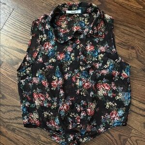 Papaya Black Floral Sheer Sleeveless Blouse with tie on bottom front